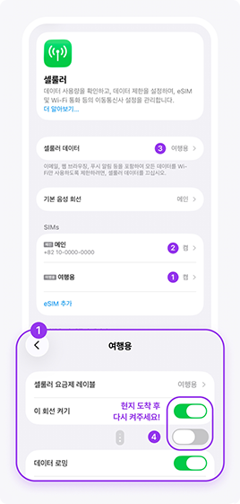 개통체크 가이드를 따라 eSIM 회선을 켜고, 셀룰러 데이터를 설정해 주세요!