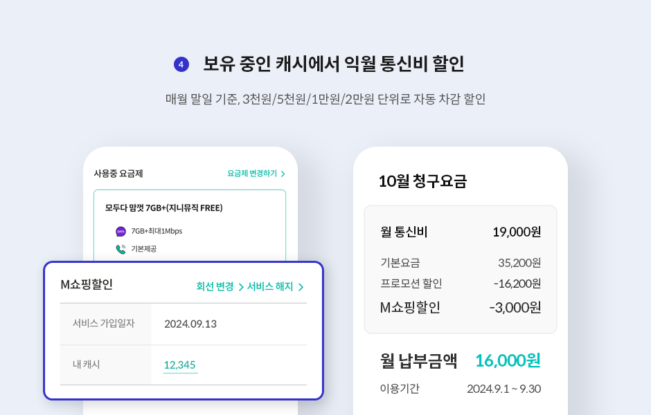 보유 중인 캐시에서 익월 통신비 할인, 매월 말일 기준, 3천원/5천원/1만원/2만원 단위로 자동 차감 할인